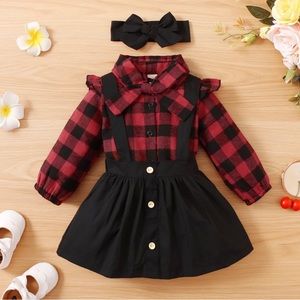 Plaid Print Shirt Top, Suspender Skirt Headband Set